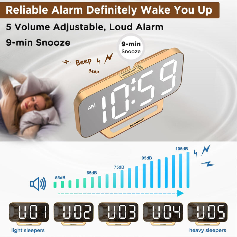 Peakeep Slim Digital Mirror Aesthetic Alarm Clock for Bedrooms Desk Decor - Plug in Electric Big LED Modern Small Clock for Office Living Room, Battery Backup, 6 Dimmers (Gold) Gold With Mirror