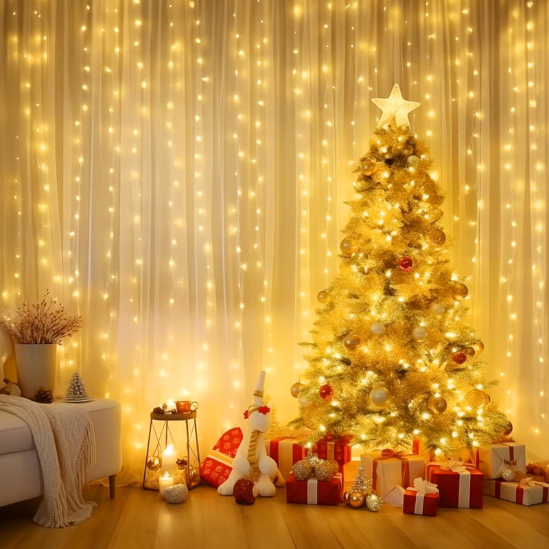 Minetom Curtain Lights, 300 LED Dimmable Fairy Lights with Remote and Timer, 8 Modes, USB Powered String Lights for Room Wall Party Xmas Indoor Decor, Warm White 1 Pack
