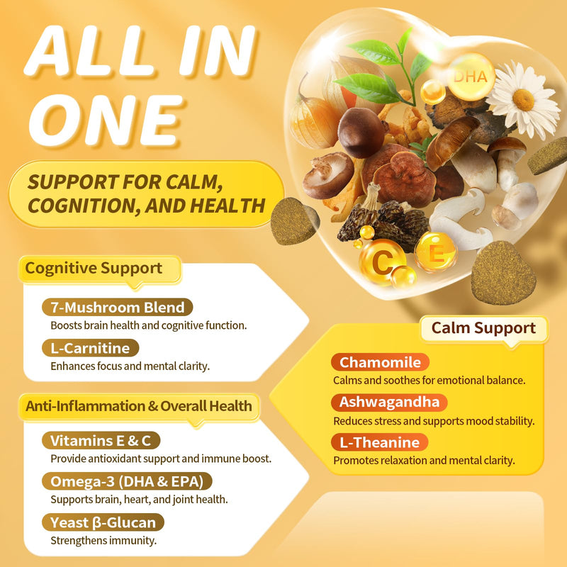 Advanced Calming Chews for Dogs-Brain & Composure Support with 7 Mushrooms, Ashwagandha, Omega-3 DHA & EPA, All Breeds & Sizes, Salmon Flavor, 90Ct