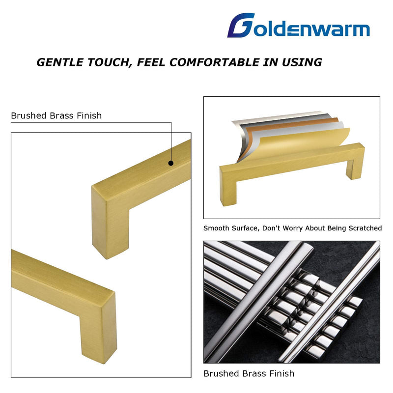 goldenwarm 5 Inch Gold Cabinet Pulls 10 Pack Brushed Brass - LSJ12GD128 Gold Cabinet Handles Square Brushed Gold Kitchen Hardware Pulls for Dresser Drawers 5in hole centers