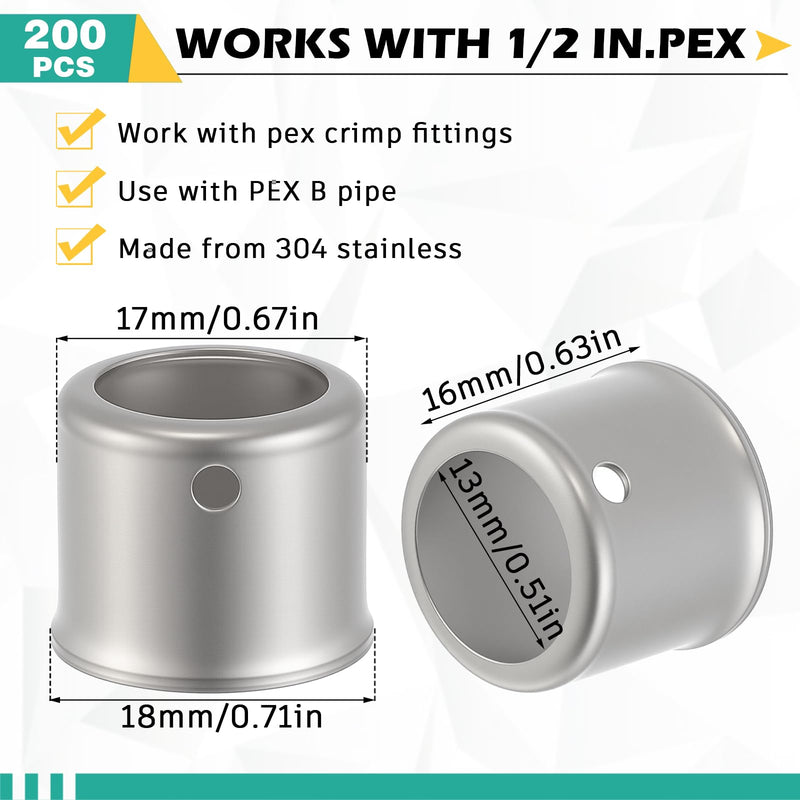 Kathfly 200 Pack 1/2" PEX Fittings Stainless Steel Press Sleeve Replacement 0.5 Inch