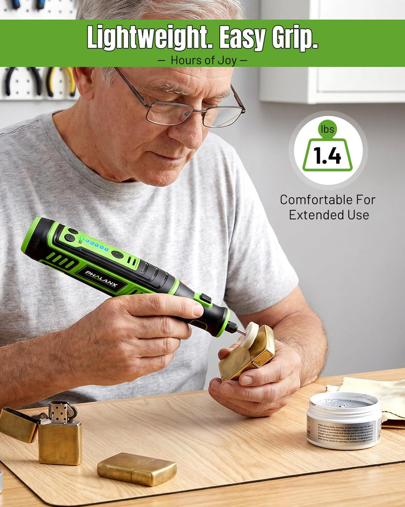 PHALANX Cordless Rotary Tool Kit | 5,000-30,000 RPM/5 Speed, 8V Engraving Pen with 117 Accessories, USB-C, LED Light for 3D Printer Sanding, Polishing, Engraving, Wood Carving, DIY Crafts 8v Rotary Tool Kit