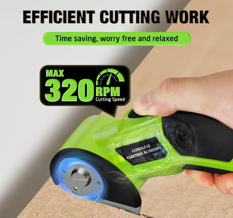 Cordless Electric Scissors,4V Rechargeable Cardboard Cutter Heavy Duty Scissor with Safety Lock & LED Light for Box Carpet Plastic Fabric(Green)