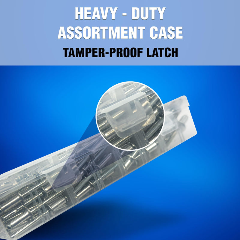 New Age America® 342pcs Blind Pop Rivets & Backup Washers | 3/32" to 1/4" | Silver | 14 Sizes | SAE Size Aluminum Rivets & 304 Stainless Steel Backup Washer | Rivet Kit w Steel Mandrel | Labelled Case 342 PCS Rivets & Washers