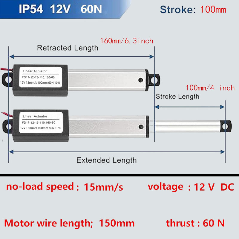 AWINLI Mini Linear Actuator 12V 4 Inch Stroke,60N/13.4Lbs,Speed 15mm/s Mini Waterproof Sports Actuator Small 12V with Mounting Bracket for Cabinets,Window Openers,Robots(100mm） 4 "/100mm mini12V
