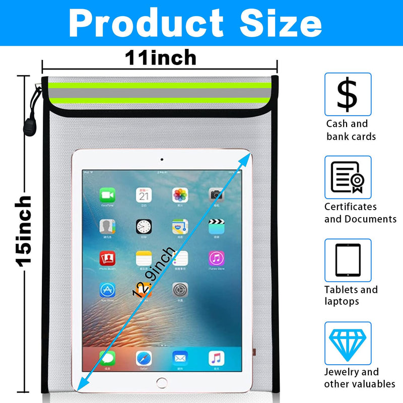 2PCS 15"x11" Fireproof Document Money Bag Home Office Travel Fireproof Safe Storage Pouch for A4 Document Cash Money Valuables Jewelry Passport Currency Keys Tablet Power Bank Lipo Battery