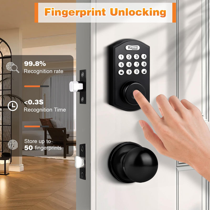 Probrico Smart Fingerprint Door Lock for Front Door,Electronic Keyless Entry Door Lock Deadbolt with Handle Set,Door Knob with Smart Keypad Deadbolt Lock,Auto Lock,App,Black Black