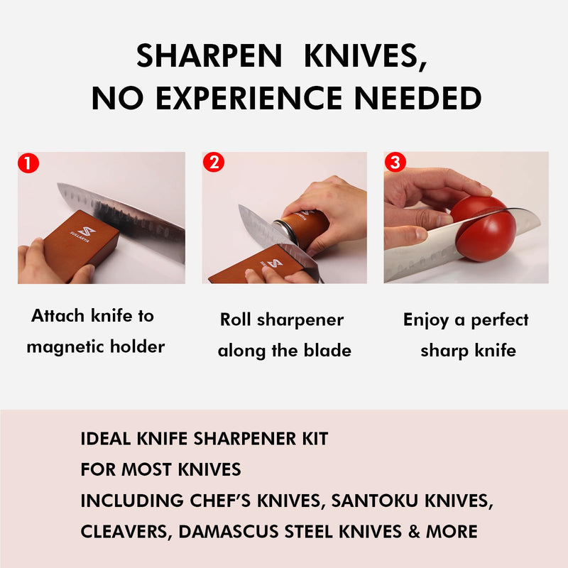Knife Sharpener, Rolling Knife Sharpener, Knife Sharpening kit with Diamonds and Ceramic for Steel of Any Hardness, Kitchen Knife Sharpener with 15 & 20 Degree Magnetic Angle