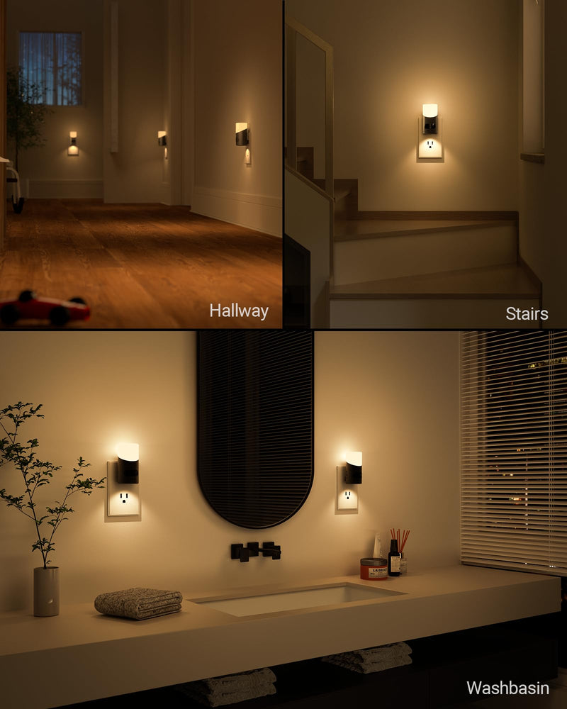 Lyridz LED Night Lights Plug into Wall with Motion Sensor, 1-150LM Dimmable Plug-in Nightlight Indoor for Bedroom, Bathroom, Hallway, Stairs, Pet House, Toilet, 2 Pack Black