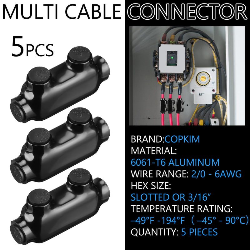 5 Pcs Insulated Wire Connectors Black Splice Connector 2 Ports Multi Cable Soldering Lugs Double Side Entry Cable Splicers with Oxide Inhibitor (2/0-6 Wire Range) 2/0-6 Wire Range 5