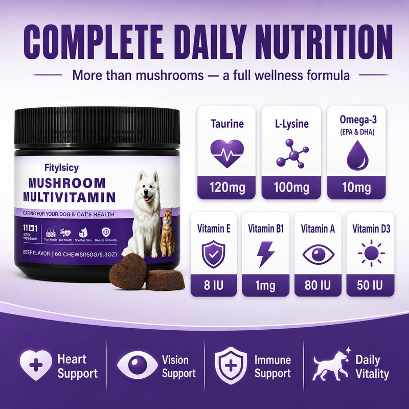 Mushroom Supplement for Dogs & Cats, 11-in-1 Pet Multivitamin Soft Chews, 13 Organic Mushrooms with Glucosamine, Chondroitin, MSM & Omega-3, Immune, Gut, Joint, Skin & Coat Support, Beef, 60 Count