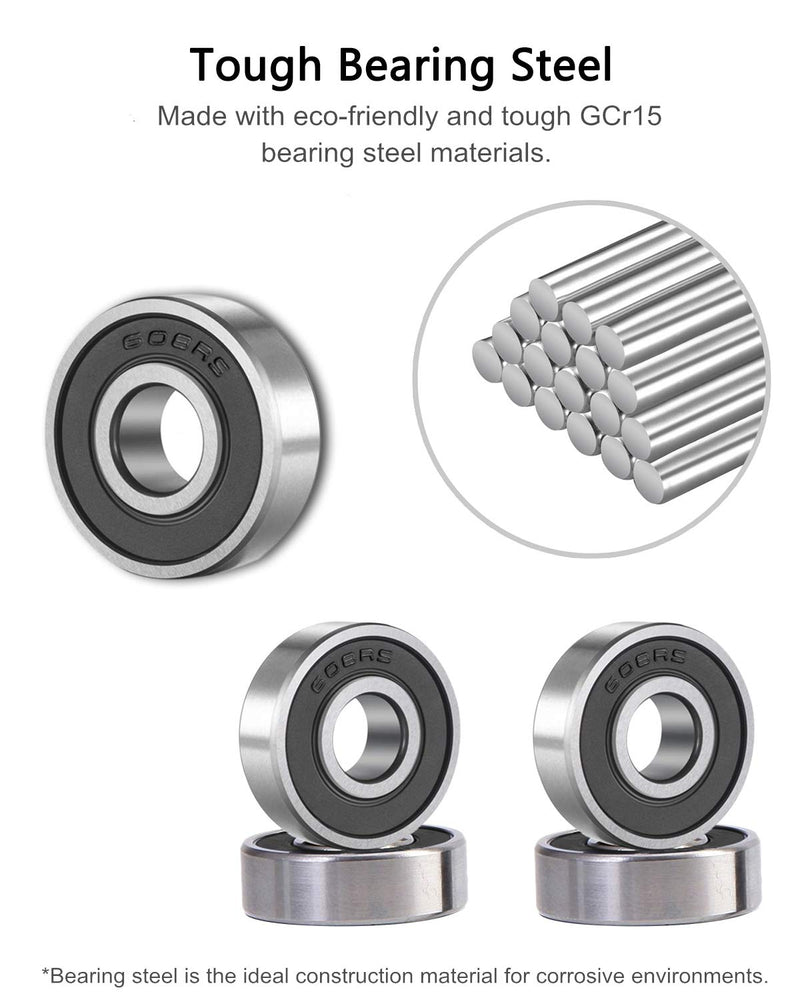 SHKI 20 Pcs 608 2RS Ball Bearings – Bearing Steel and Double Rubber Sealed Miniature Deep Groove Ball Bearings (8mm x 22mm x 7mm) (608 2RS) 608RS