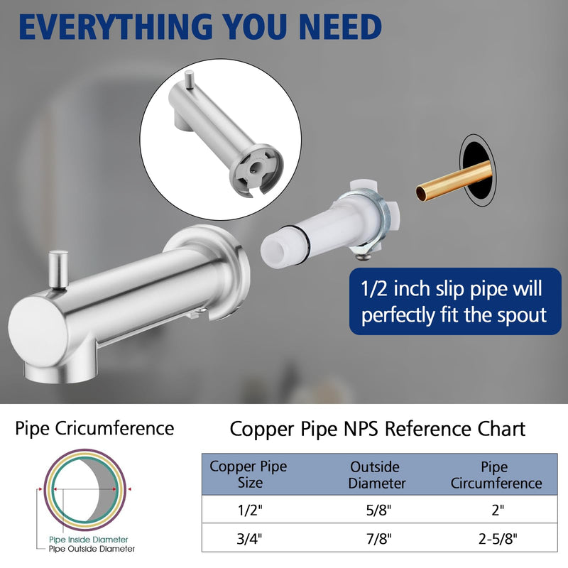 Slip on Extra Long Tub Spout with Diverter Universal Tub Diverter Spout for 1/2" Copper Water Pipe, Brushed Nickel