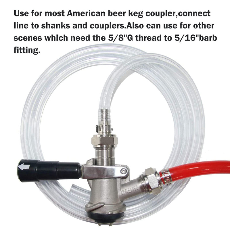 2PCS Keg Coupler Barb Connector,Stainless Steel 304 Beer Kegerator Sankey Couplers,Hex Nut 5/8"G Thread x 1/4" Barb Beer Line Tailpiece Nipple Fitting with Sealing Gasket Washer 1/4"Barb 2PCS