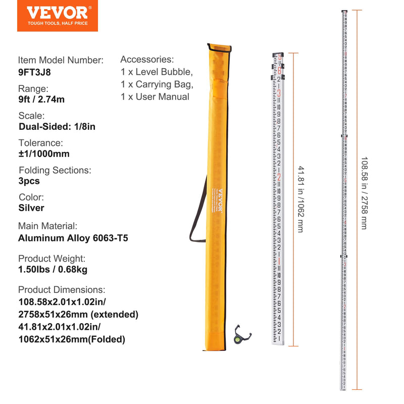 VEVOR Aluminum Grade Rod, 9-Feet/8ths 3 Sections Telescopic Measuring Rod, Double-Sided Scale 1/8in Leveling Rod Stick,Aluminum Alloy Survey Rod with Bubble Level &Carrying Bag for Houses,Walls,Floors 9 FT-8ths