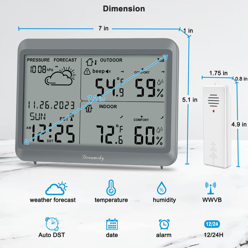 DreamSky Weather Station Indoor Outdoor Thermometer Wireless - Atomic Clock with Indoor/Outdoor Temp, Date & Day, Battery Powered, Home Weather Forecast Clock with Inside Outside Temperature Humidity Grey