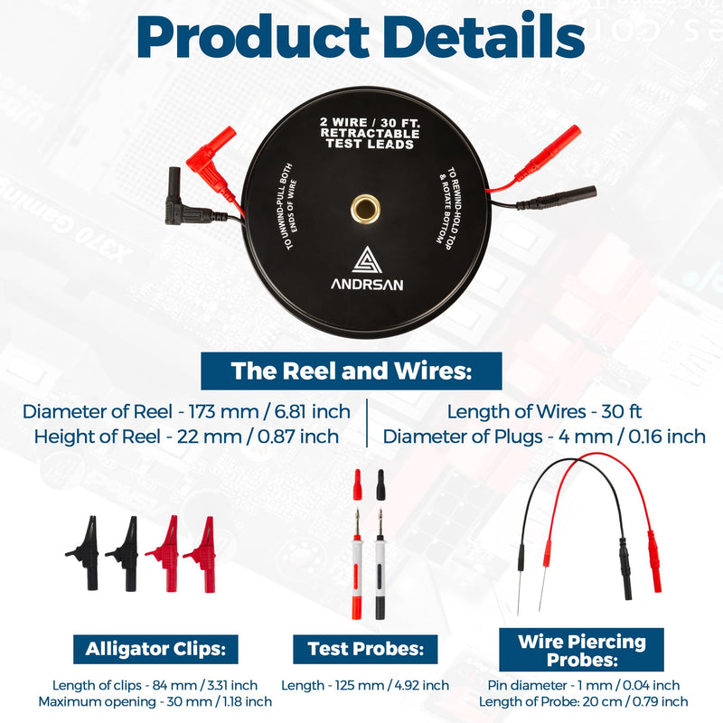 2 Wire 30 ft Retractable Test Leads with 4 mm Banana Plugs, 18 AWG Multimeter Test Leads with 4 Alligator Clips, 2 Test Probes and 2 Wire Piercing Probes, Test Lead Kit for Testing Electrical Circuits