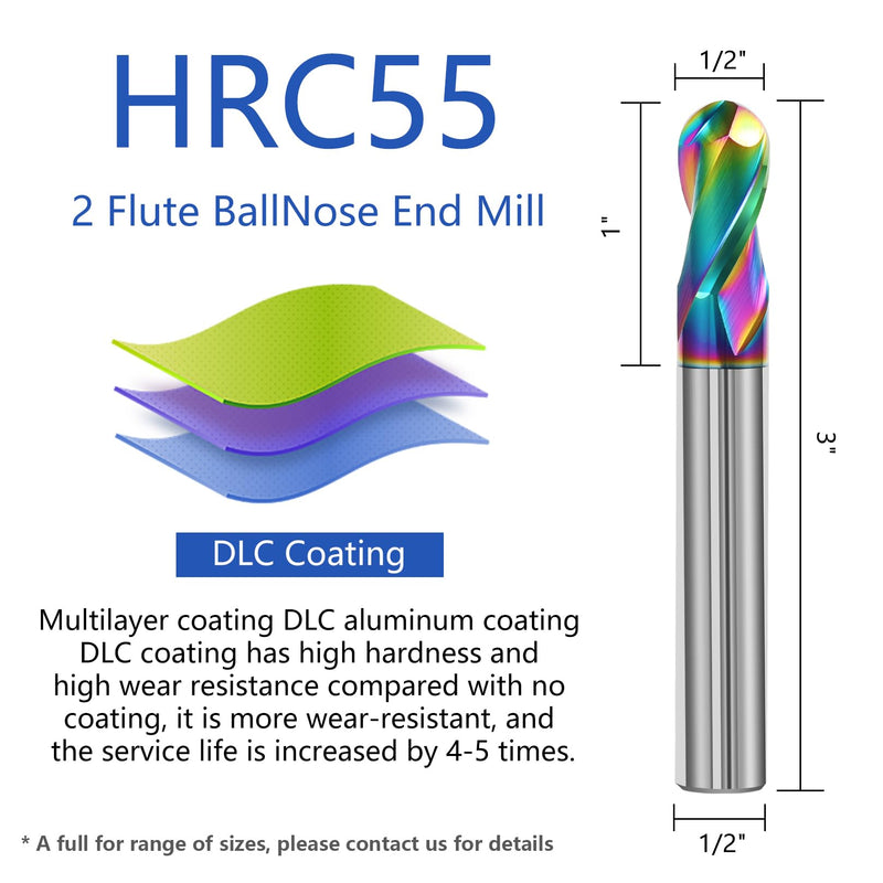 1/2" Solid Carbide Ball Nose End Mill 2Flute DLC Coated HRC55 CNC Milling Cutter Bits for Copper & Aluminum Alloys 1/2 in