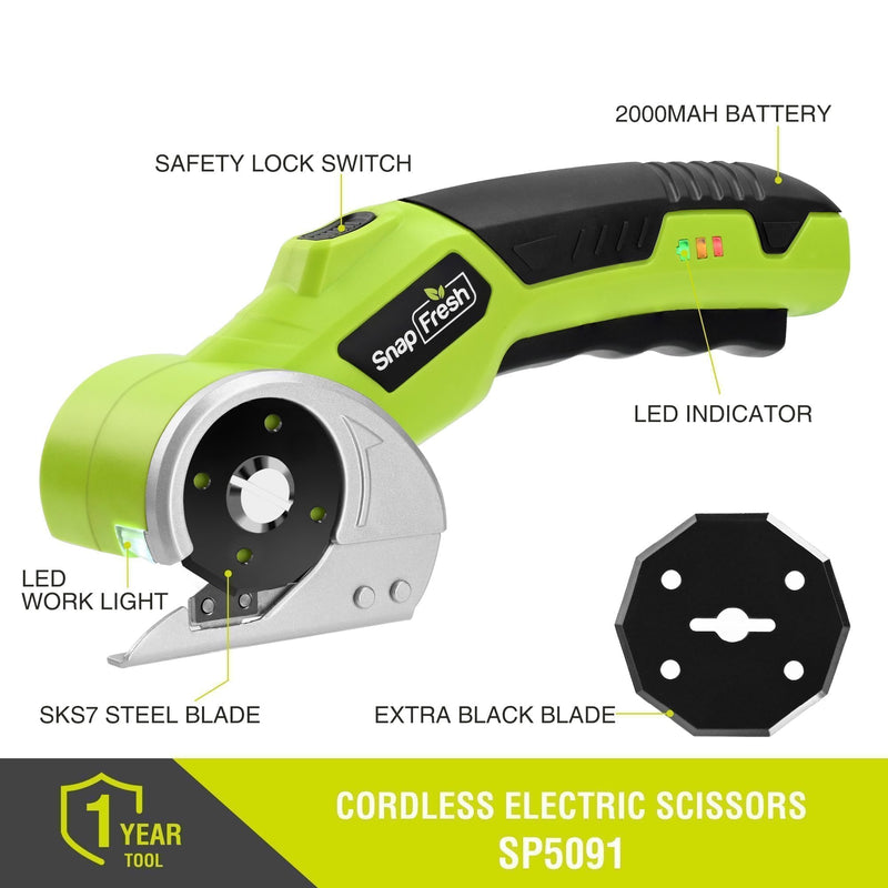 SnapFresh 4V Cordless Electric Scissors, 2.0Ah Battery, LED, 2 Blades