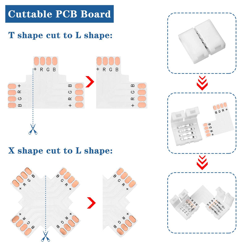 Mudder 95 Pieces 4 Pin LED Light Strip Connectors Set Including Screw Clips, 4 Pin LED Connectors, Cuttable T, L and X Shape PCB Board for SMD 5050 10 mm RGB Strip Lights Gapless Connector