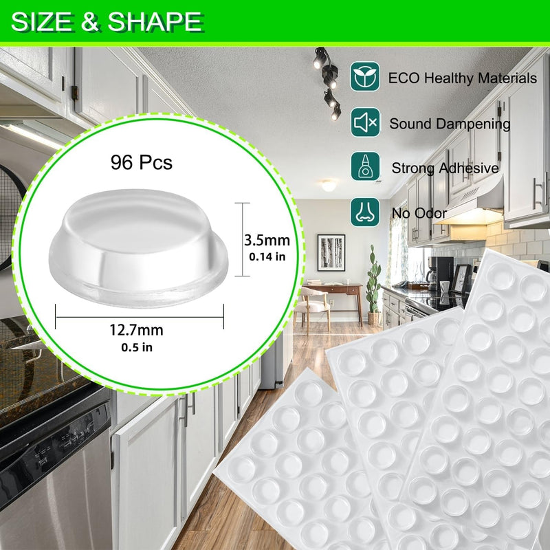 Furnigear Cabinet Bumpers Soft Self-Adhesive Clear Rubber Bumper- Cabinet Door pumpers dots Clear Cabinet stoppers Furniture Noise Reducing Silicone Rubber Bumper Extremely Durable(96Pcs) Cylindrical Cylindrical 96pcs