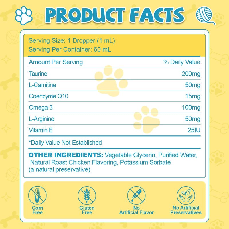 Taurine for Cats Drop - Taurine Supplement for Cats, Supports Feline Heart & Immune Function, Vision, Energy & Vitality, Coenzyme Q10, L-Carnitine, L-Arginine, Vitamin, Liquid Cat Taurine 60ML