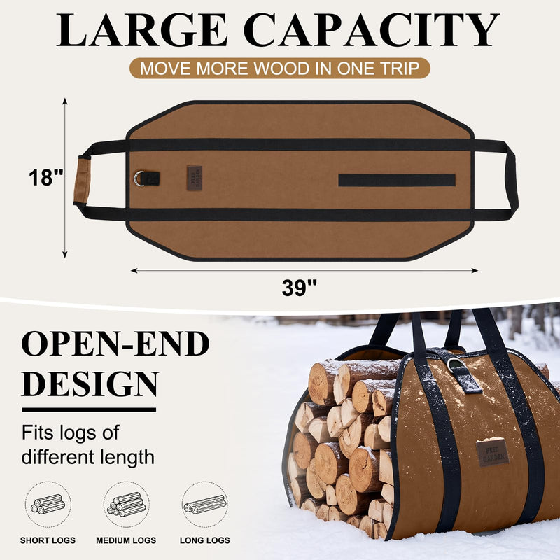 FEED GARDEN Firewood Carrier Bag Heavy Duty Waxed Canvas Log Carrier for Firewood Large Log Tote Fire Wood Carrying Bag with Handles for Easy Transport Carrying and Wood Stove Accessories Brown