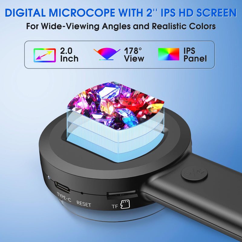 Pocket Digital Microscope for Adults Kids: 100X Handheld Magnifying Glass with Light, USB Coin Magnifier for Collector, Portable Jewelers Loupe with 2" Screen, Mini Scope for Trichome Black