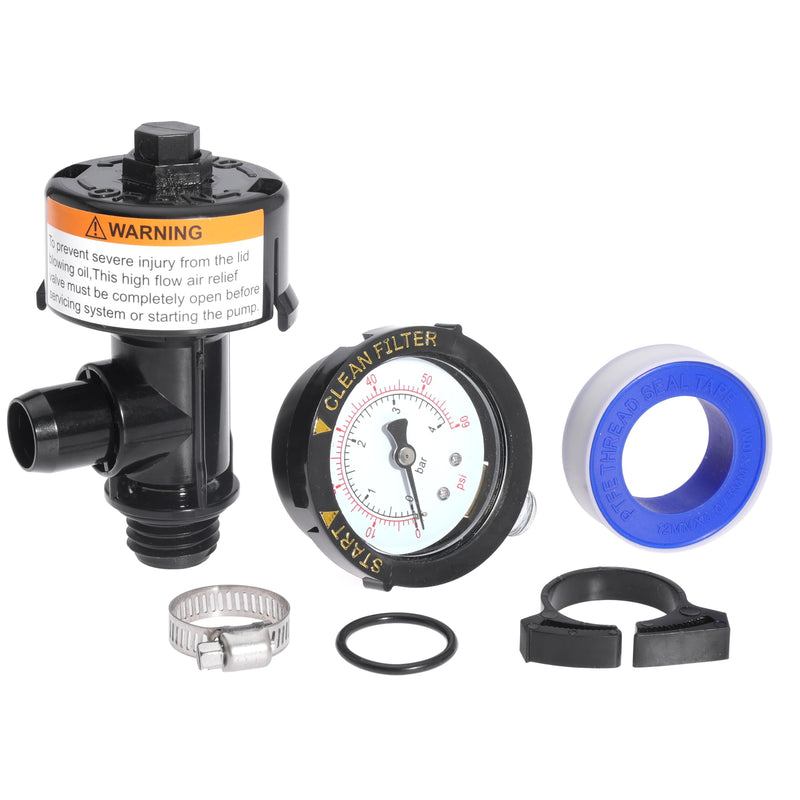 98209800 High Flow Manual Air Relief Valve Pool Filter Air Relief Valve for Predator Pool Filters with Clips O-Rings Gauge Plug Pressure Gauge 1PC Valve-098F