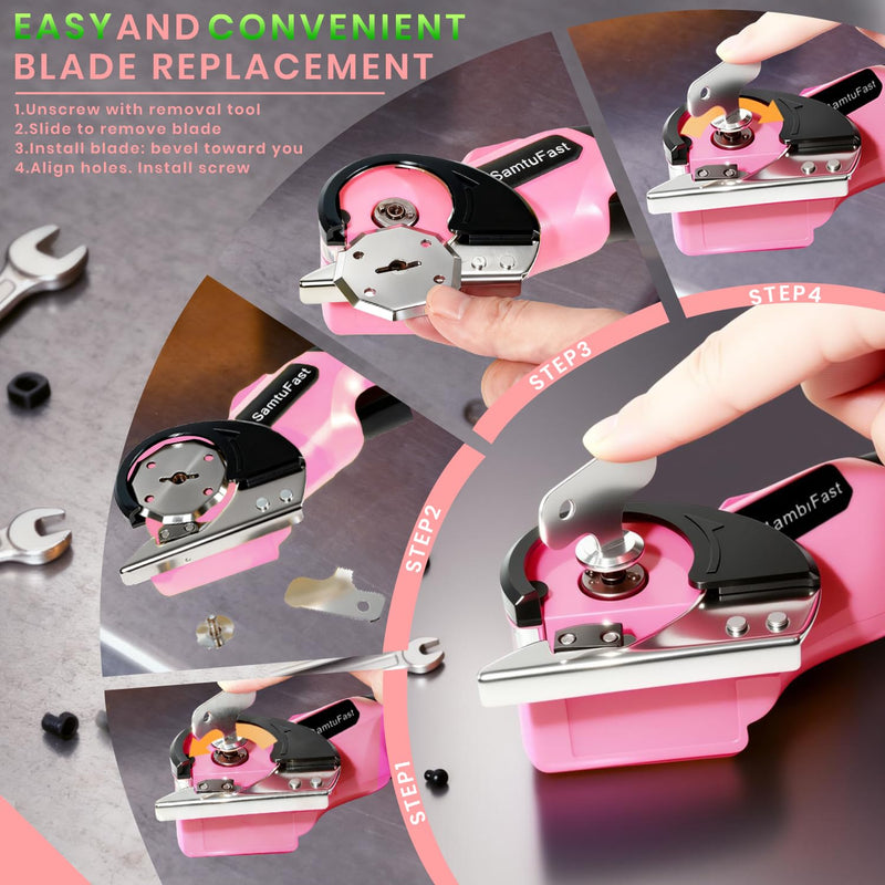 Cordless Electric Scissors, 4V Rechargeable Box Cutter Electric with Storage Box, 2 Blades, USB Charging Cable, Cardboard Cutter Electric for Cardboard Plastic Fabric Leather Carpet (Pink)