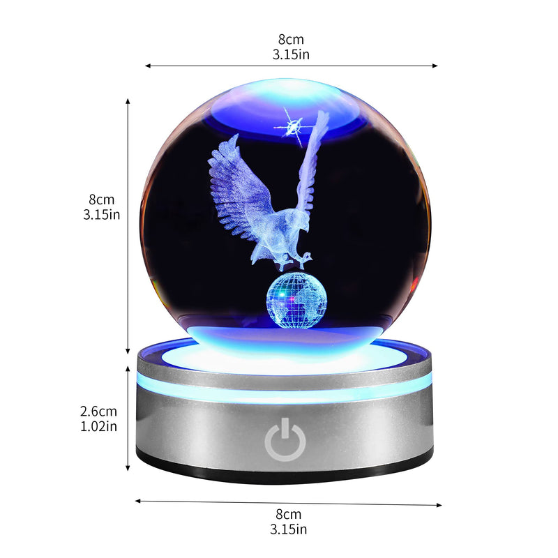 Eagle Gift 3D Crystal Ball with LED Light Base Unique Decor Glass Figurine Lamps Laser Engraved Nightlight for Best Friend Eagle Lovers Keepsake Paperweight