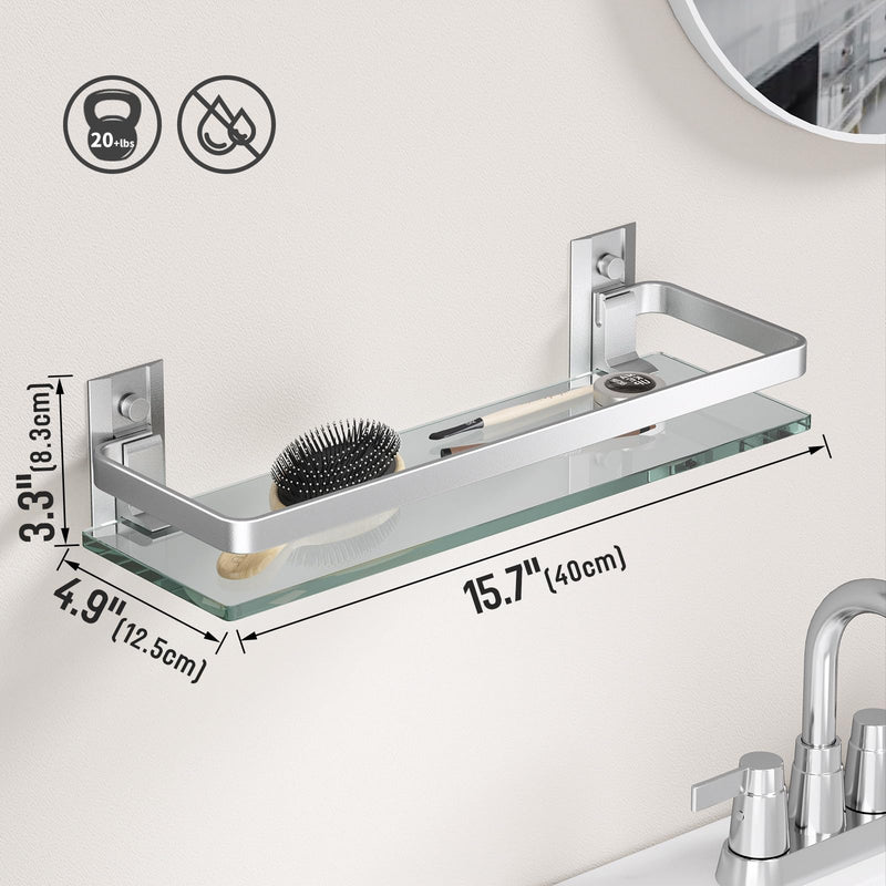 Danpoo Clear Tempered Glass Wall Shelf, Wall-Mounted Organizer for Bathroom, Kitchen(Matte Silver) Single Shelf