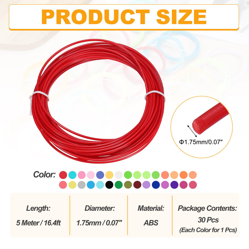 MECCANIXITY 30 Colors ABS 3D Pen Printer Filament Refills, Each Color 16.4 Feet Total 492 Feet 1.75mm Printing Filament for Most 3D Printing Pens