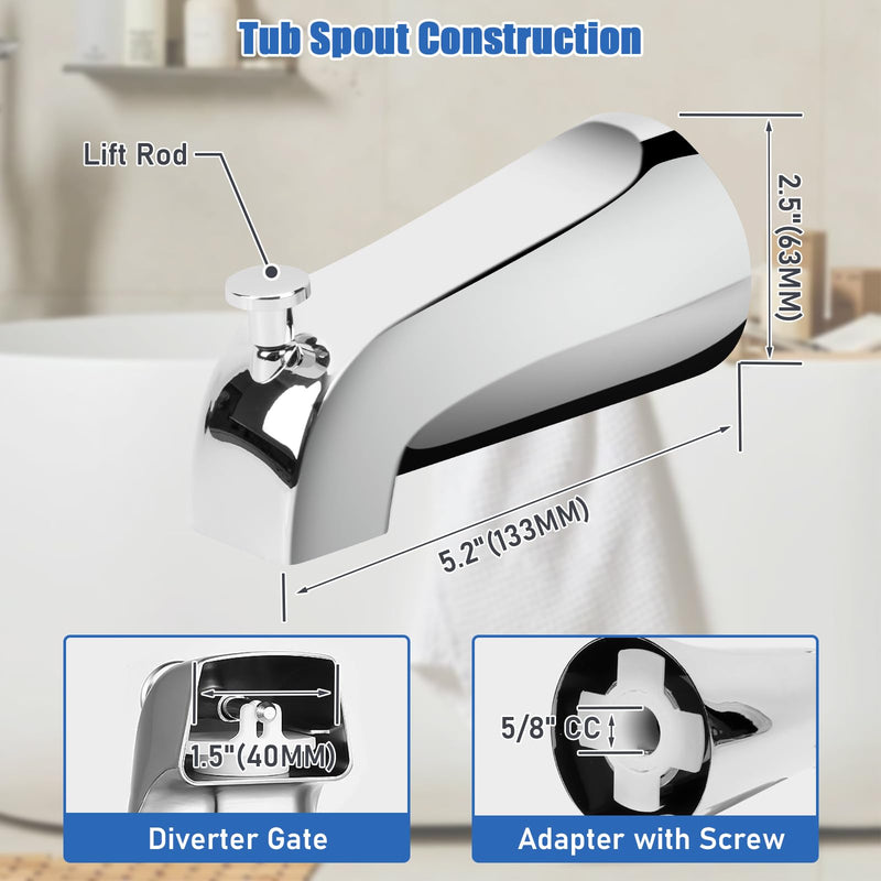 Slip on Tub Spout Kit, Compatible with American Standard 8888026.002 Tub Spout Bathroom Bathtub Faucet, Fits 1/2" Copper Water Tube(5/8" Diameter), 5/32'' Hex Wrench Included (Chrome,1 Pack) Chrome