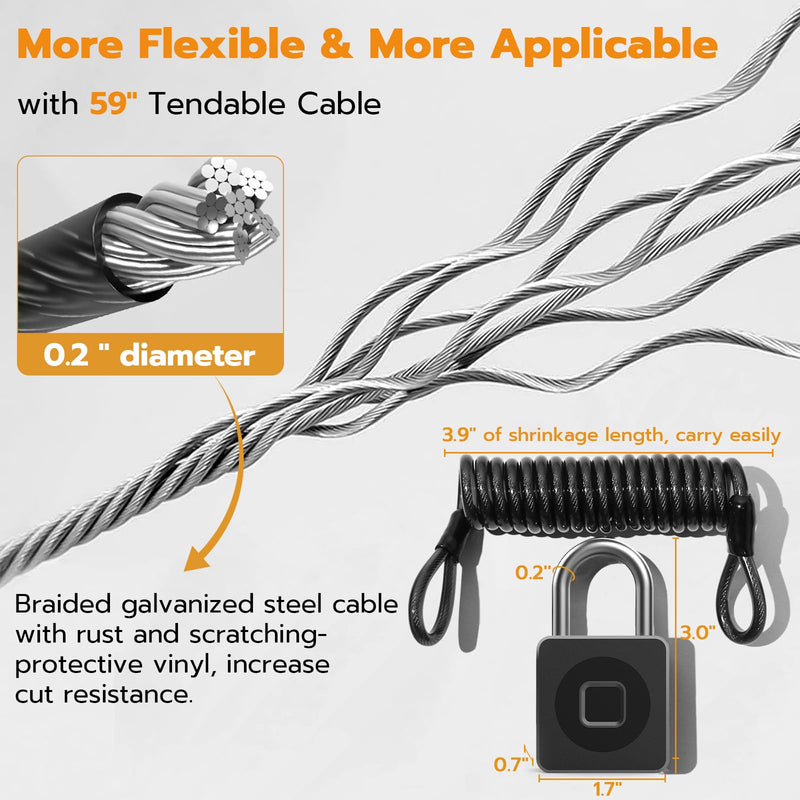 Pothunder Fingerprint Padlock, Fingerprint Lock with APP, Padlock with Steel Cable Keyless Biometric, Smart Padlock Waterproof Suitable for Gym, Locker, Helmet, Gate, Fence, Luggage Black with Cable