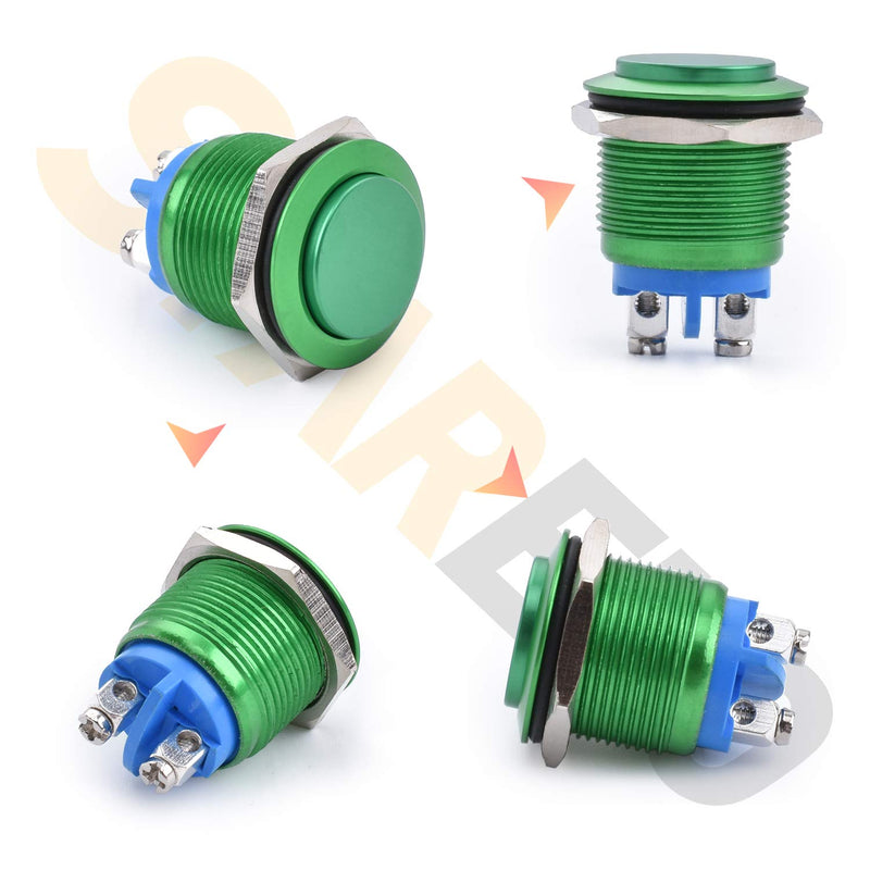 STARELO 19MM 3/4" Momentary Push Button Switch High Round 250V AC 5A 12V 36V DC 2A 1NO SPST Waterproof Aluminum Shell(Green). Green