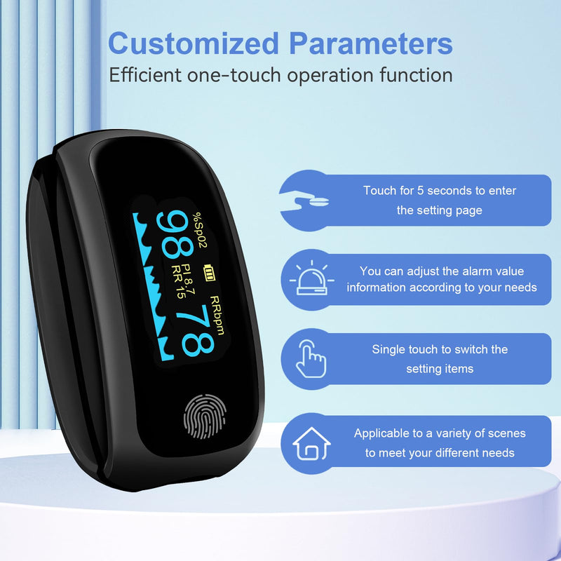 Rechargeable pulse oximeter with respiration, with O2 Pulse Rate PI RR Respiratory Accurate Reliable Oximeter SpO2 Reading Not for medical use Black