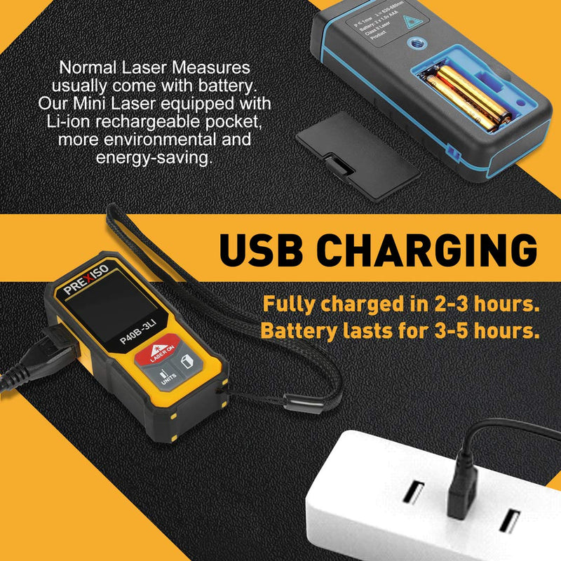 PREXISO Mini Laser Measurement Tool, 135Ft Rechargeable Laser Distance Meter Ft/Ft+in/in/M Unit, Laser Measure with High Accuracy, Pythagorean, Distance, Area, Volume Modes