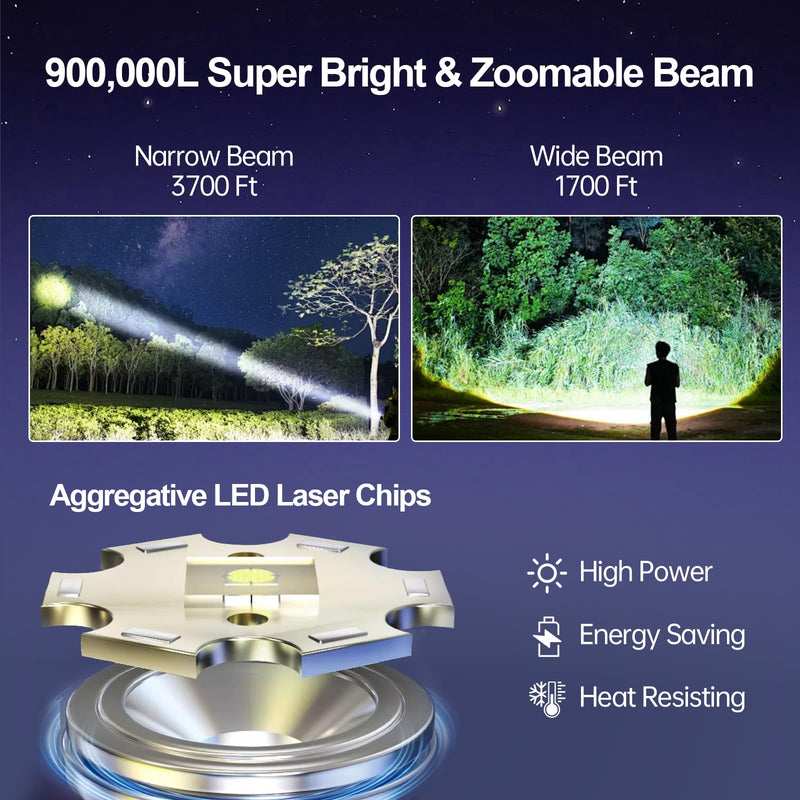 Rechargeable Flashlights High Lumens 900,000L (2 Packs), 5 Modes Super Bright Led Handheld Flash Light Battery Powered with COB Side Light, USB C Charging, Power Display, Waterproof, Zoomable Beam M - 2 Pack