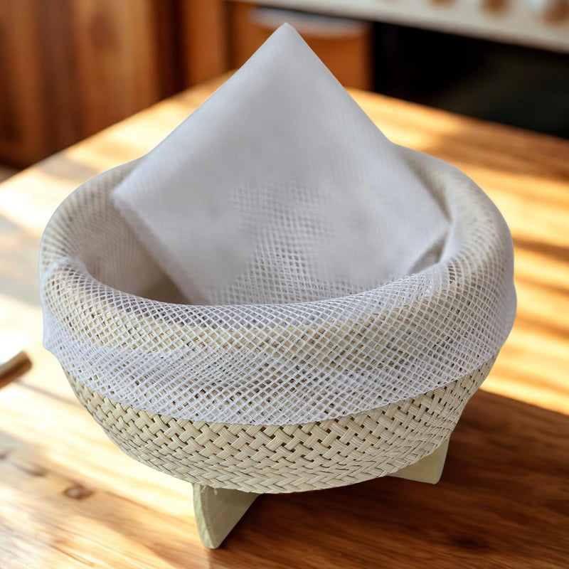 Thai Bamboo Sticky Rice Steaming Basket with Cloth – 7” Wide Traditional Isan Style Cooking Tool – Handmade Natural Bamboo Rice Steamer.