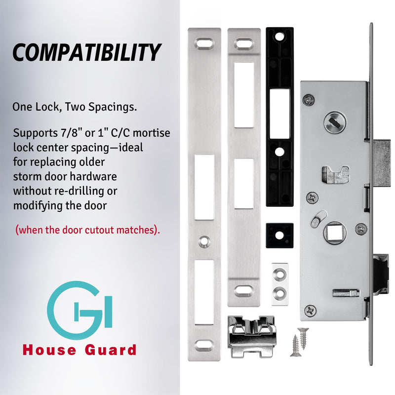 House Guard Storm Door Lock Body, Flat Slot, Adjustable 22/26mm Backset | Flat Slot compatible storm door lock body; reversible latch, adjustable 22mm/26mm backset Compatible with American-style lock cylinders