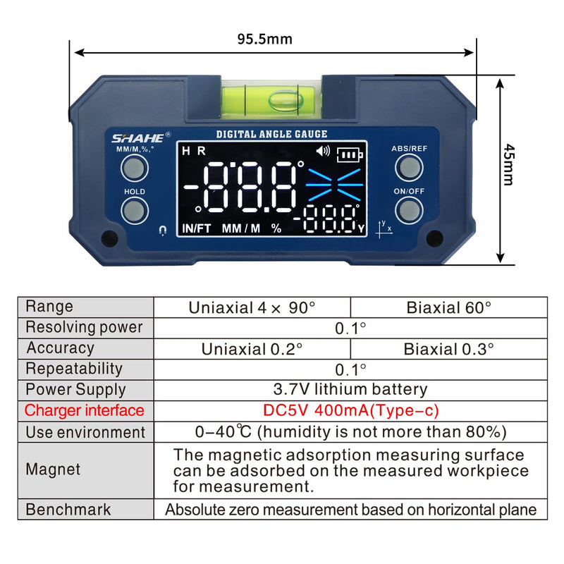 SHAHE Dual Axis Digital Protractor Inclinometer Rechargeable Digital Angle Gauge Mini Magnetic Electronic Level Box