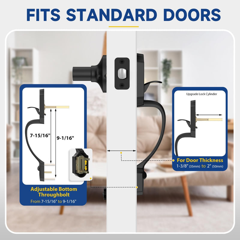 Black Front Door Handle No Lock, Exterior Door Handles with Passage Lever, Entry Door Handle Reversible for Left & Right Matte Black No Deadbolt
