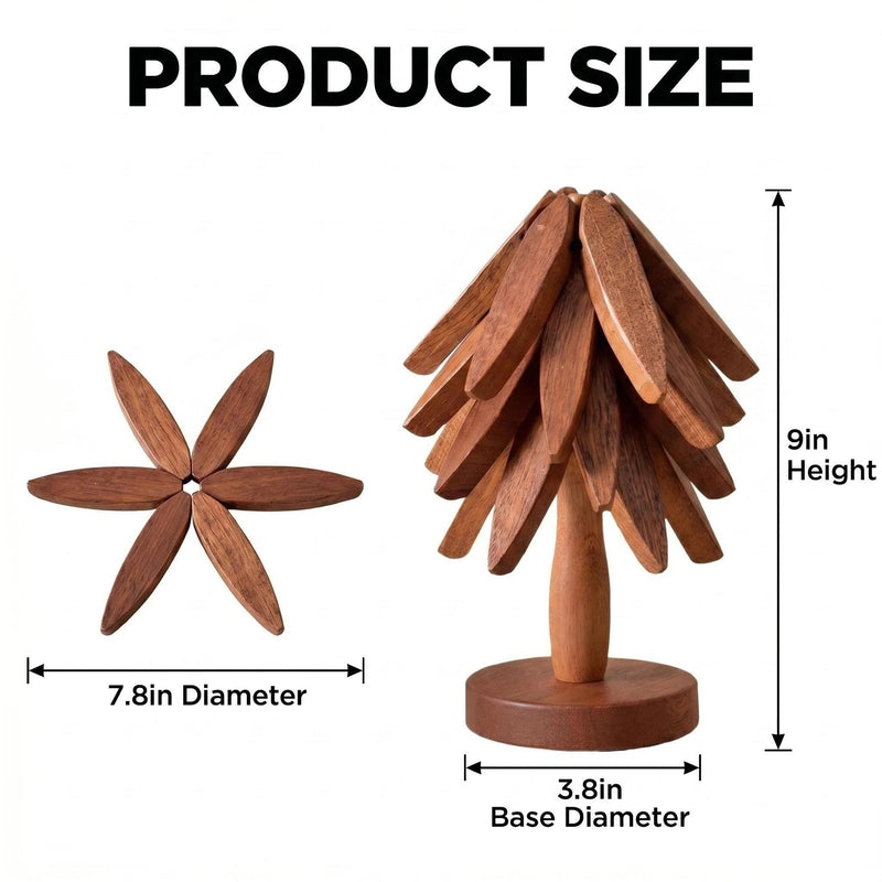 Tree Shape Wooden Trivet Set, 4 Pack Foldable Walnut Wood Hot Pot Holder with Stand, Expandable Heat Resistant Trivets for Kitchen Table Pot Pan Teapot Protection