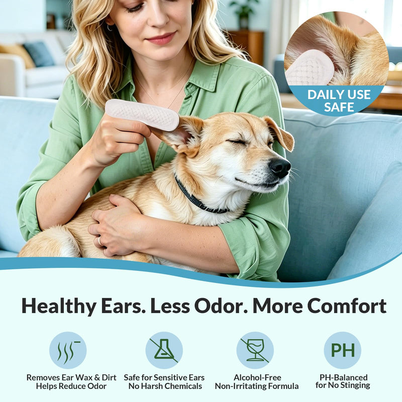 Dog Ear Finger Wipes for Dogs & Cats, Removes Ear Wax & Buildup, Better Than Ear Drops, Larger No-Slip Finger Fit for Better Control, Aloe Vera & Witch Hazel, Gentle for Sensitive Ears - 50 Count