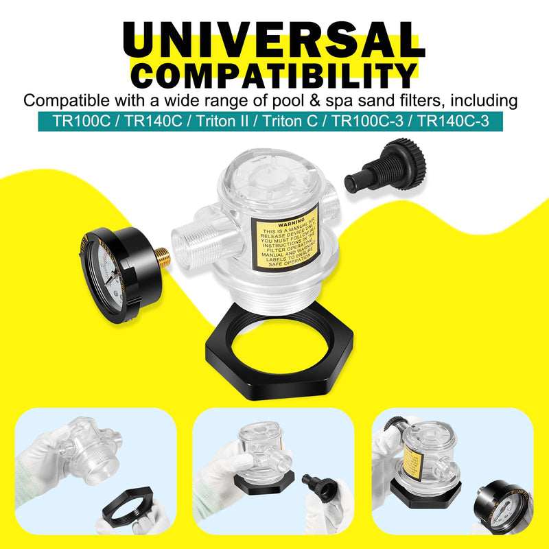 273564Z Manual Air Relief Valve with Pressure Gauge Compatible with Pentair Triton C, TR100C, TR140C, Triton II Sand Filters –For Clean & Clear,Warrior,EasyClean,SMBW 4000 Pool & Spa DE Filter Systems