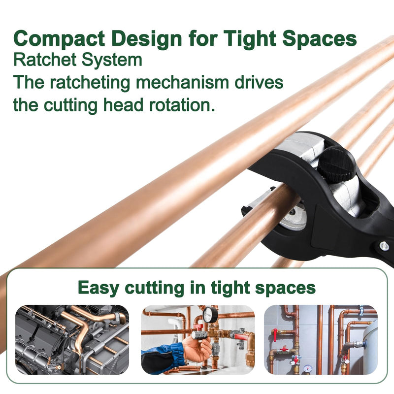 Ratche Tube Cutter Tool for Tight Spaces - One Hand 5/16" to 1-1/8" Copper Aluminum Brass Pipe Cutter w/ EN388 Gloves + 2 Bearing Blades (No Stainless Steel/PVC) XT600618