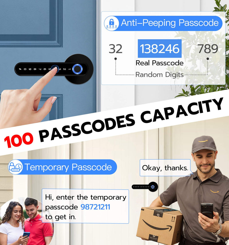 eLinkSmart Fingerprint Door Knob Lock, Smart Keyless Entry Door Lock with Code Keypad Handle, Electronic Biometric Security Locking Door Lever Locks for Bedroom Apartment Hotel Interior - Black