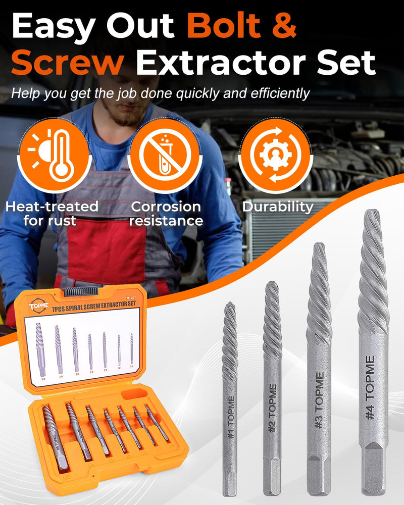 Screw Extractor Set, 7PCS Easy Out Screw Extractor Set, Stripped Screw Extractor for Removing Damaged Screws, Broken Bolts, Studs 7 Pieces