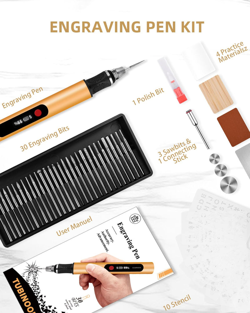 Updated Engraving Pen Ultimate Cordless Portable Tool for Artists & DIYers - Engrave 60+ Surfaces - Beginner Friendly - Rechargeable - Free 30 Bits & Mastery Guide (Gold) Gold